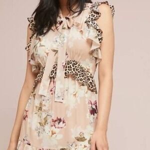 Kachel Silk Dress Women 2P Floral Print Pink Cold Shoulder Ruffle Tie Neck Midi